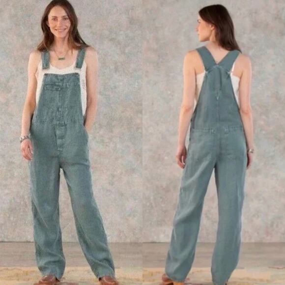 Sundance Hannah Overalls Green Herringbone Linen Vintage Wash XS - Picture 1 of 9